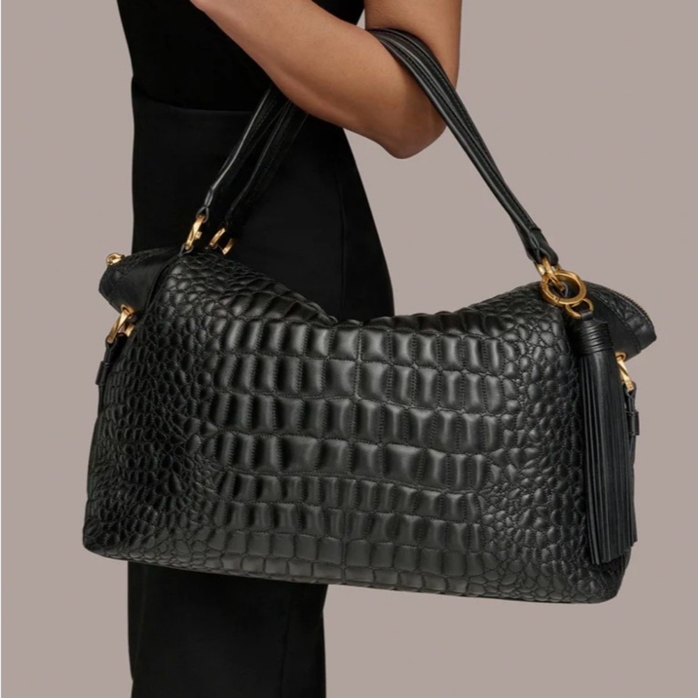 NWT Donna Karan Glenwood Quilted Croc Top Handle Satchel Tassel. Black Gold. - Picture 6 of 12